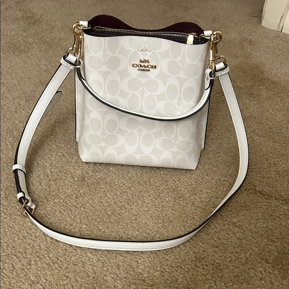 Coach White Bucket Bag with Gold and Red Details